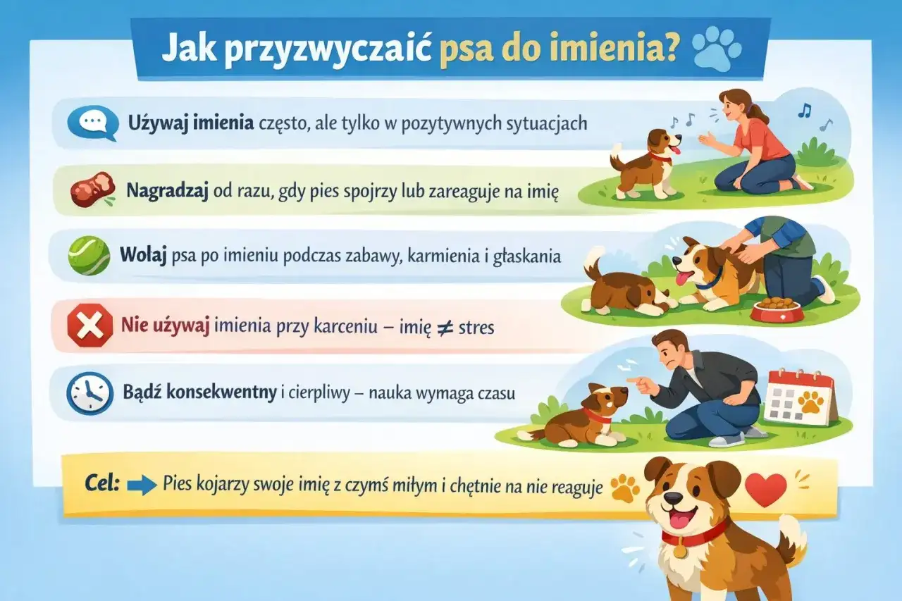 Jak przyzwyczaić psa do imienia? Używaj go w pozytywnych sytuacjach, nagradzaj reakcję. Nie łącz imienia z karceniem. Pies powinien kojarzyć je z czymś miłym.