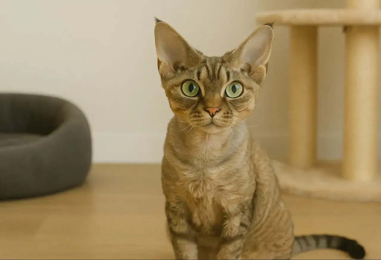 Kot rasy Devon Rex o zielonych oczach i falistej sierści, z charakterystycznym spojrzeniem, które odzwierciedla jego wesoły devon rex charakter.