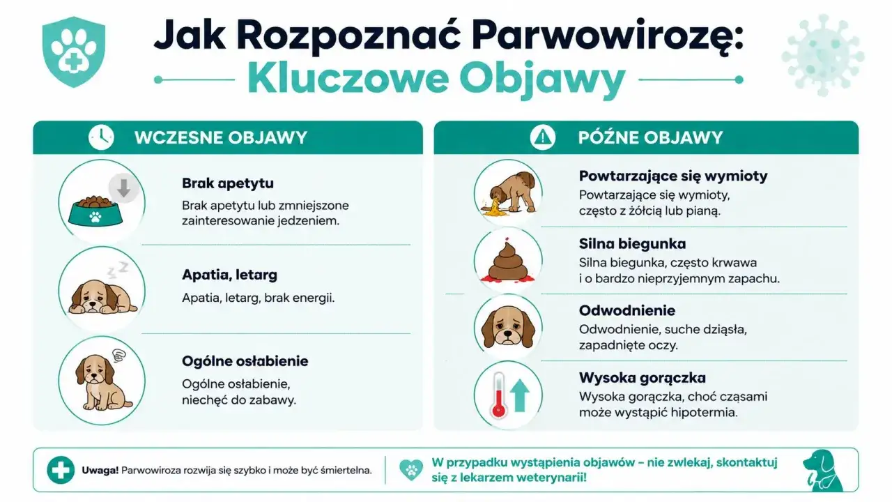 Grafika przedstawia objawy parwowirozy u psa: brak apetytu, apatia, wymioty, biegunka, odwodnienie i gorączka.