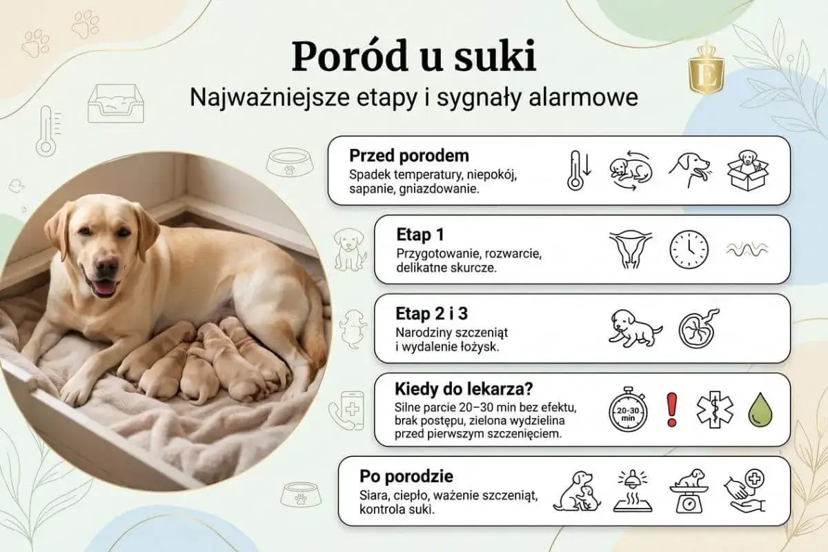 Szczęśliwa mama labrador z gromadką nowo narodzonych szczeniąt. Obrazek ilustruje, ile pies jest w ciąży i jakie są etapy porodu.