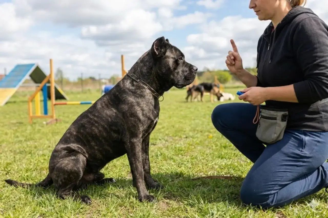 Szkolenie cane corso mały na trawiastym wybiegu. Pies uważnie słucha komend opiekuna, w tle inne psy i tor przeszkód.