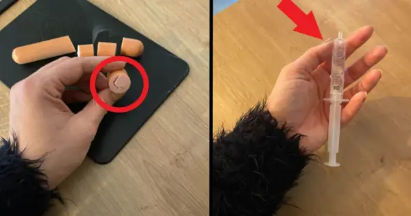 Jak podać psu tabletkę? Pokrojona parówka z wgłębieniem na lek i strzykawka bez igły.