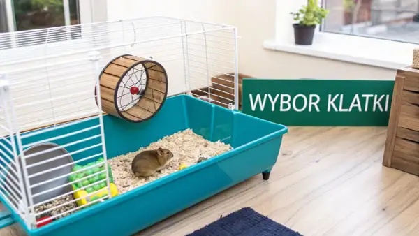 Chomik w klatce z kołowrotkiem i zabawkami na jasnym tle.