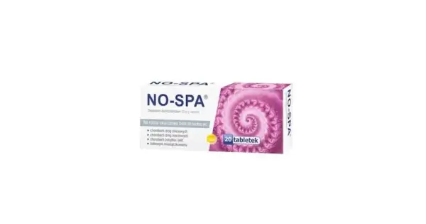 Opakowanie leku No-Spa z tabletkami, z fioletowym wzorem.