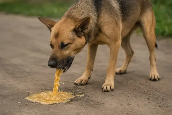 Pies wymiotuje wodą na ziemię. Wygląda na to, że zjadł coś nieodpowiedniego.