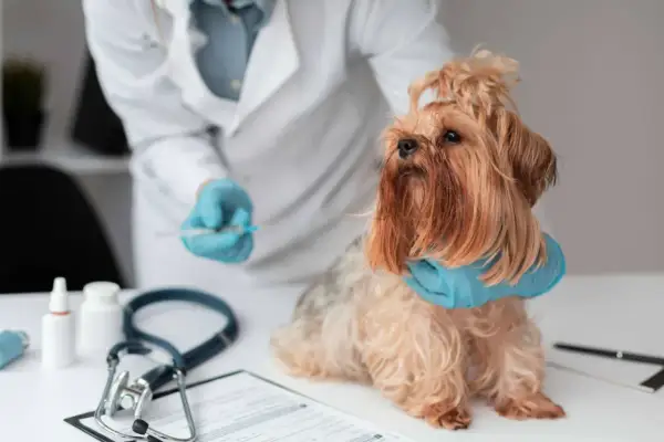 Weterynarz podaje szczepienie na wściekliznę małemu psu rasy Yorkshire Terrier.