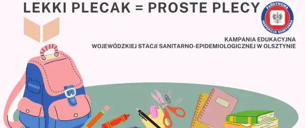 Ilustracja plecaka, przyborów szkolnych i książek.