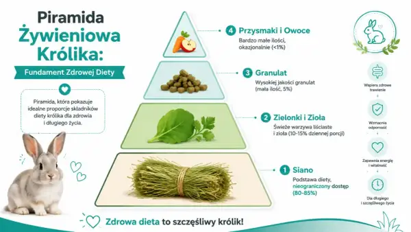 Piramida żywieniowa królika: siano, zielonki, granulat, owoce. Królik z boku.